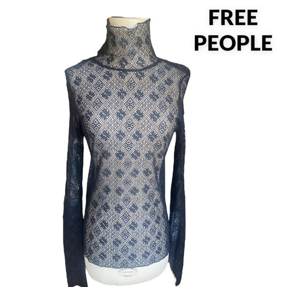 FREE PEOPLE BLACK LACE MESH TOP (SZ L) (EUC) - Picture 3 of 6